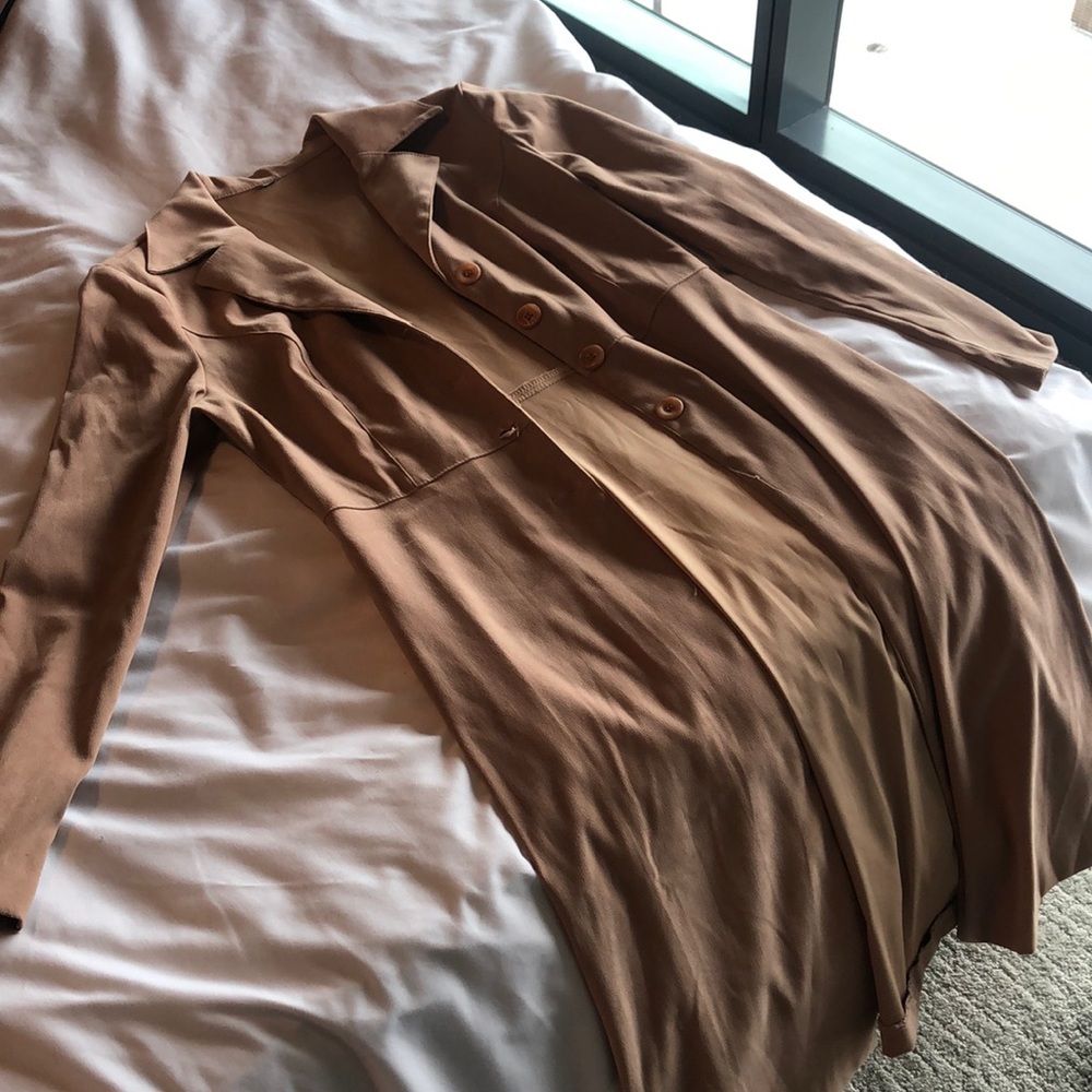 Camel colored suede-like material trench